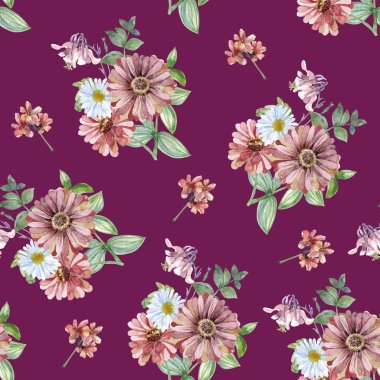 Orman çiçekler suluboya resimlerle. Kırmızı gerbera ile sorunsuz