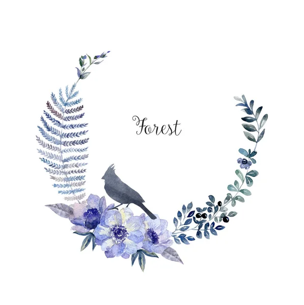 Silhueta de pássaro da floresta aquarela e moldura floral — Fotografia de Stock