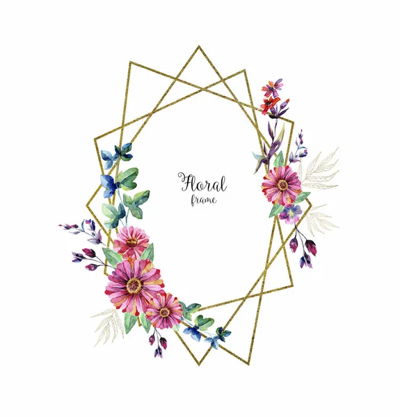 Geometrik çerçeve çiçek, beyaz aquarelle sınırında