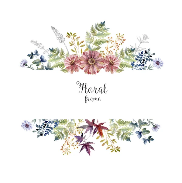 Aquarell-Herbariumrahmen mit Blumen und Waldblatt. — Stockfoto