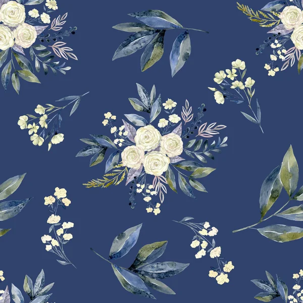 Flowers and leaf seamless pattern, blue background — Stock Photo, Image