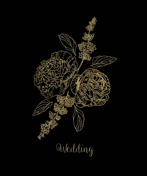 Arany virág kompozíció és esküvői meghívók — Stock Fotó