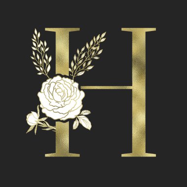 Çiçekli alfabe ve altın serif mektup. Vektör.