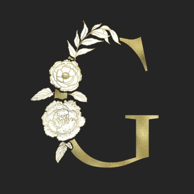 Çiçekli alfabe ve altın serif mektup. Vektör.