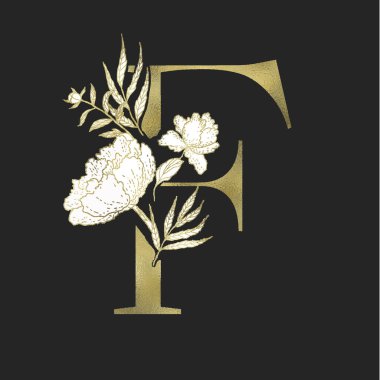 Çiçekli alfabe ve altın serif mektup. Vektör.