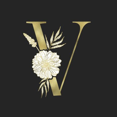 Çiçekli alfabe ve altın serif mektup. Vektör.