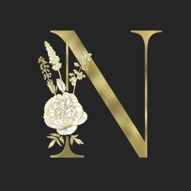 Çiçekli alfabe ve altın serif mektup. Vektör.