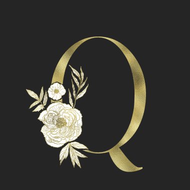 Çiçekli alfabe ve altın serif mektup. Vektör.