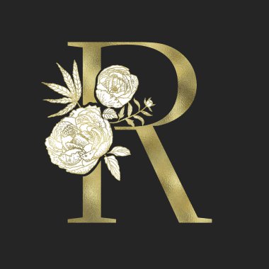 Çiçekli alfabe ve altın serif mektup. Vektör.