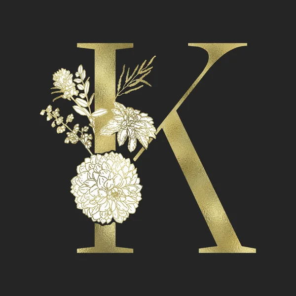 Çiçekli alfabe ve altın serif mektup. Vektör.