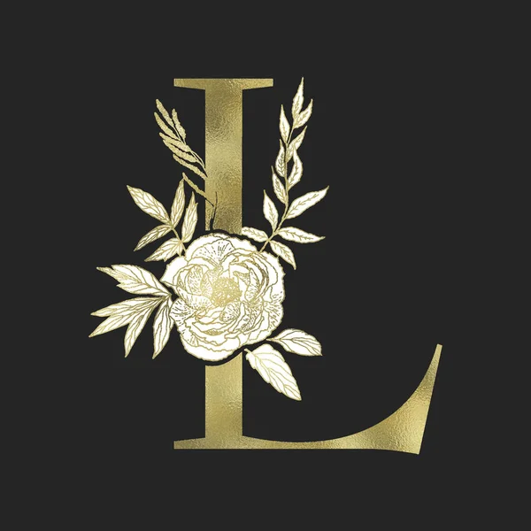 Alfabeto floral y letra serif de oro. Vector . — Vector de stock