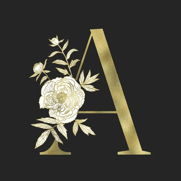 Floral alfabet en gouden serif brief. Vector. — Stockvector