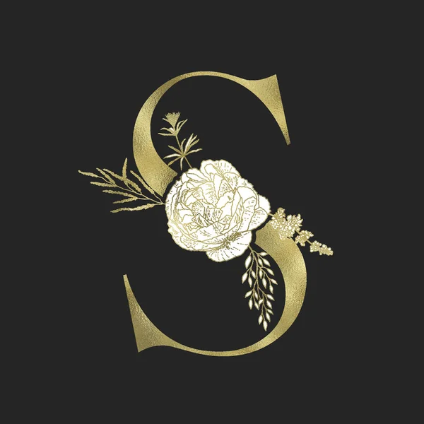 Floral alfabet en gouden serif brief. Vector. — Stockvector