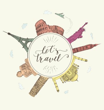 Dünya seyahat ve yerler. Alıntı yazı el ile turizm banner.