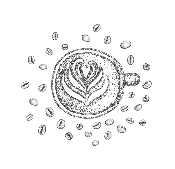 커피 한잔과 흰색 배경, 평면도에 커피 콩 컵. — 스톡 벡터