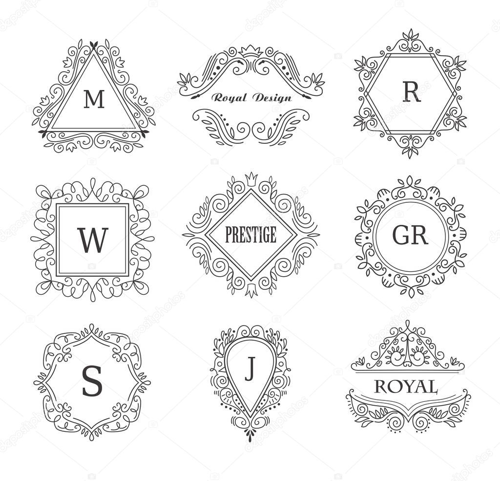 Set of Line Monograms. Vintage Floral Frames for your Logo, Invitation, Wedding Background.