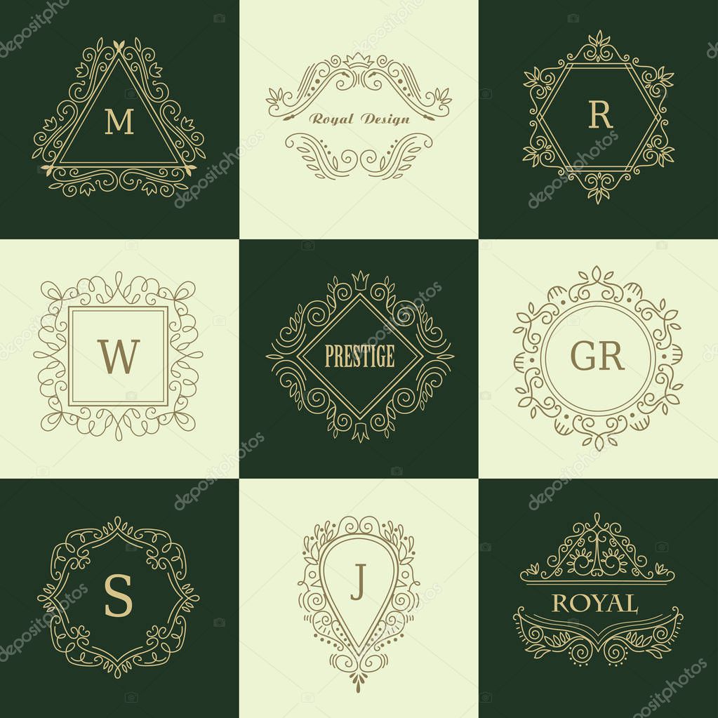 Set of Line Gold Monograms. Vintage Floral Frames for your Logo, Invitation, Wedding Background.
