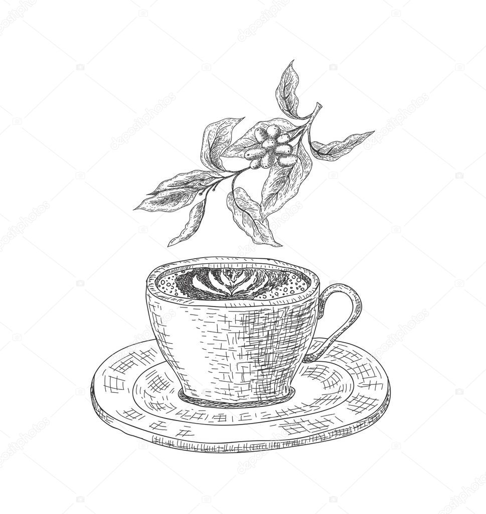 Cup with a coffee drink on the white background and ribbon.