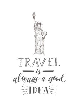 Turizm afiş alıntı yazı el ile. Özgürlük heykeli el çizilmiş kroki.