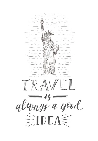 Viaggio del mondo e attrazioni. Bandiera turistica con citazione scritta a mano . — Vettoriale Stock