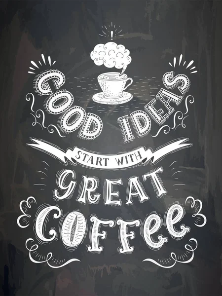 チョーク ボードにレタリングとコーヒーのカップをベクトルします。コーヒー飲料についての碑文とポスター. — ストックベクタ
