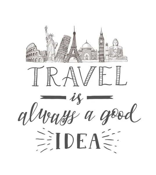 World Travel Sights Tourism Banner Hand Lettering Quote Hand Drawn — Stock Vector