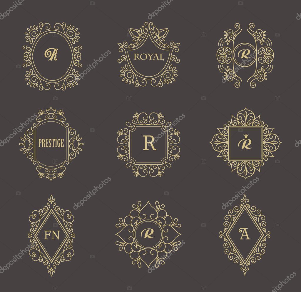 Set of Line Gold Monograms. Vintage Floral Frames for your Logo, Invitation, Wedding Background.