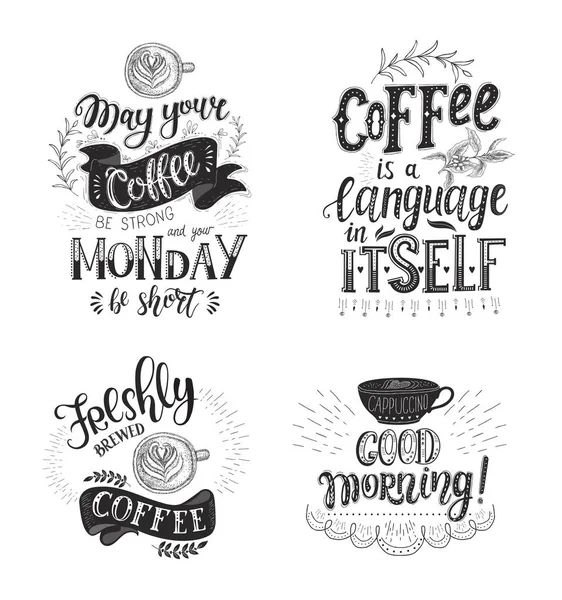 Conjunto de citas de café. Letras dibujadas a mano vectoriales  . — Archivo Imágenes Vectoriales