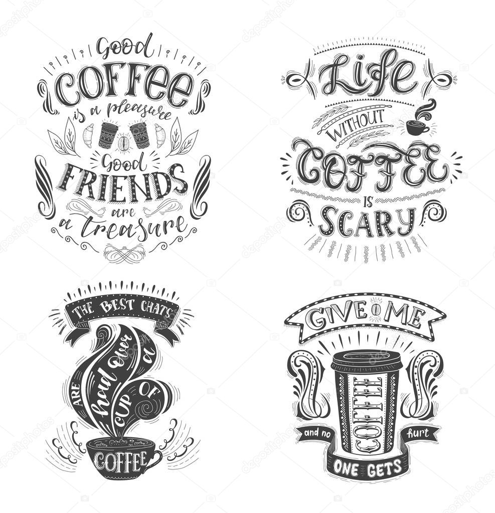 Set of Coffee quotes . Vector hand-drawn lettering .