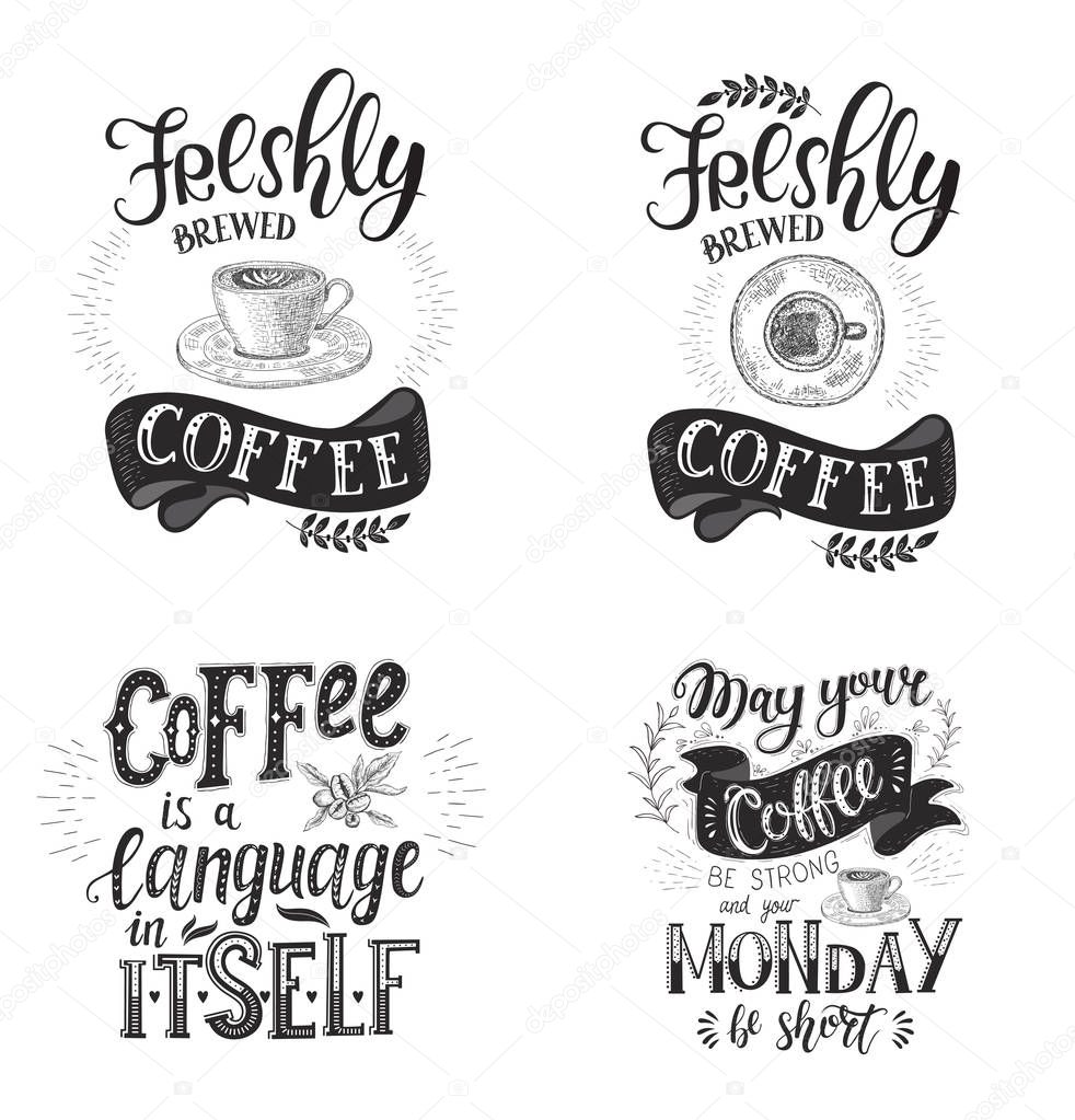 Set of Coffee quotes . Vector hand-drawn lettering .