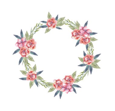 Manolya çelenk bitki ve yaprakları ile. Suluboya.