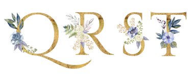 Çiçek suluboya alfabe. Altın serif mektup. Dekoratif Abc