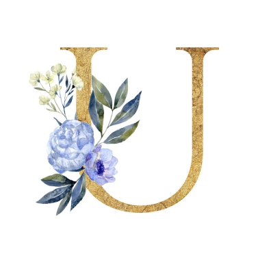 Çiçek suluboya alfabe. Altın serif mektup. Dekoratif Abc
