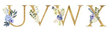 Çiçek suluboya alfabe. Altın serif mektup. Dekoratif Abc