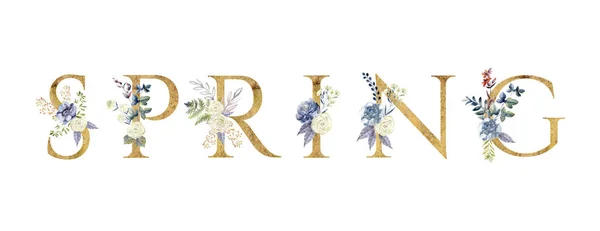 Våren word. Blommor bokstäver fras. Säsongen grafik — Stockfoto