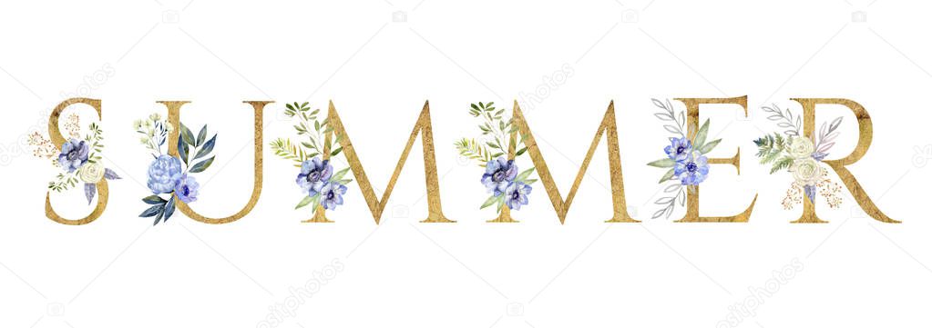 Summer. Floral lettering phrase . Seasonal illustration.