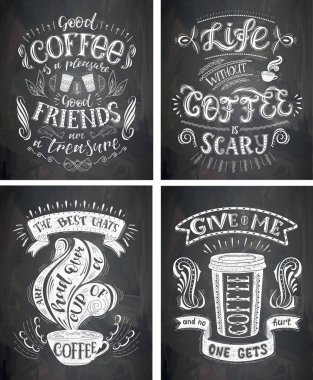 Kara tahta kahve kotalar kümesi. Vektör çizilmiş yazı .