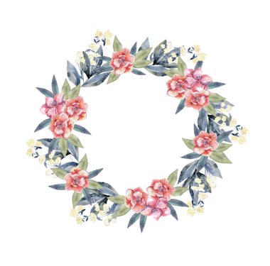 Manolya çelenk bitki ve yaprakları ile. Suluboya.