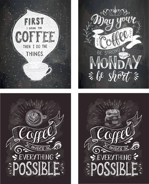 Zestaw kawa Cytaty na tablicy. Wektor ręcznie rysowane napis . — Wektor stockowy