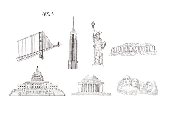 Set of city travel landmarks, tourist attraction in various places of United States of America. — Stock Vector