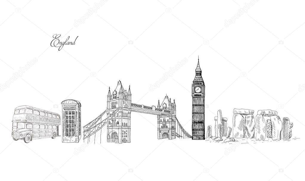 City travel landmarks, tourist attraction in various places of England.