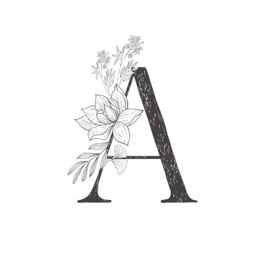 Çiçek botanik alfabesi. Bitki ve çiçekli mektup.