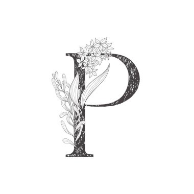 Çiçek botanik alfabesi. Bitki ve çiçekli mektup.