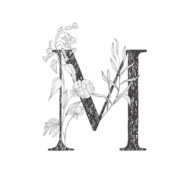 Çiçek botanik alfabesi. Bitki ve çiçekli mektup.