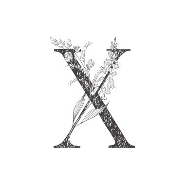 Çiçek botanik alfabesi. Bitki ve çiçekli mektup.