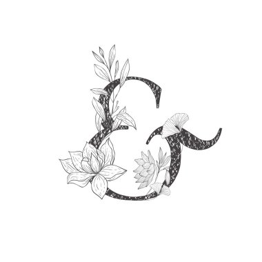 Çiçek botanik alfabesi. Bitki ve çiçekli mektup.