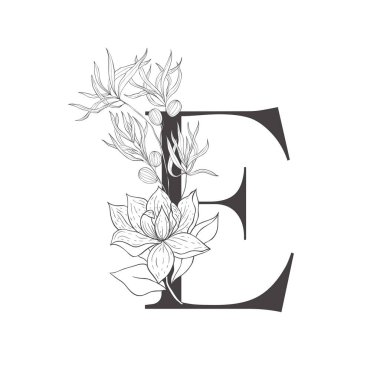 Çiçek botanik alfabesi. Bitki ve çiçekli mektup.