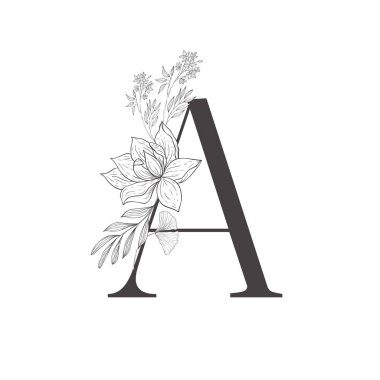 Çiçek botanik alfabesi. Bitki ve çiçekli mektup.