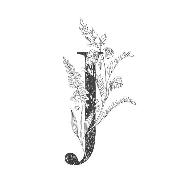 Blommigt botaniskt alfabet. Brev med växter och blommor. — Stock vektor