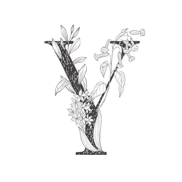 Blütenbotanisches Alphabet. Brief mit Pflanzen und Blumen. — Stockvektor